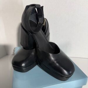 Anthropologie Gleaming Black Leather Platform Ankle Strap Pumps